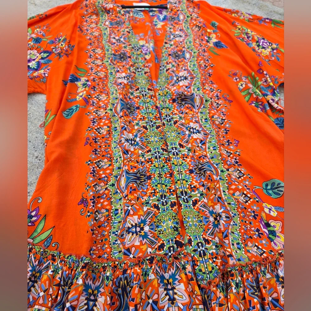 Anthropologie Emmanuel Maxi Dress Kimono Robe Boho Floral Bohemian Orange 1X - Picture 9 of 14